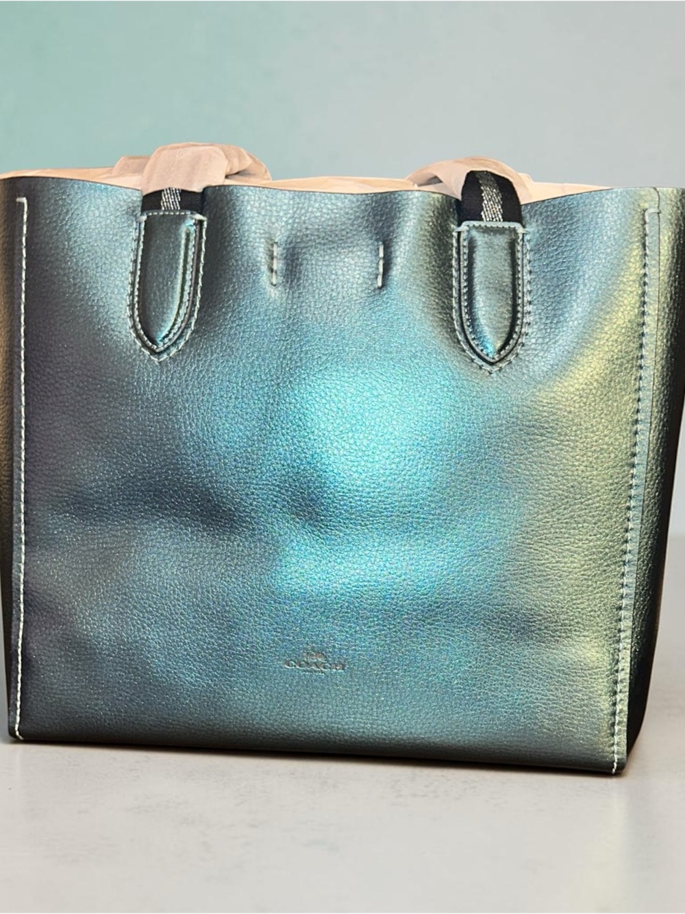 Coach Iridescent Teal-Blue Leather Tote